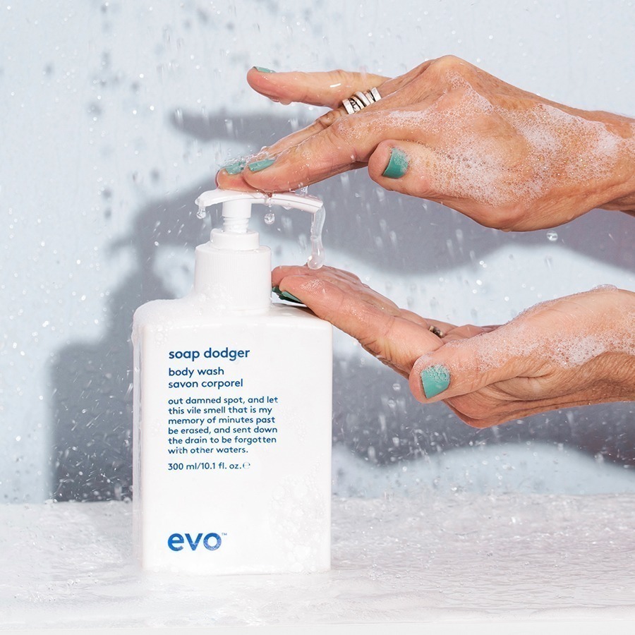 Professional EVO haircare products used in hotel bathroom
